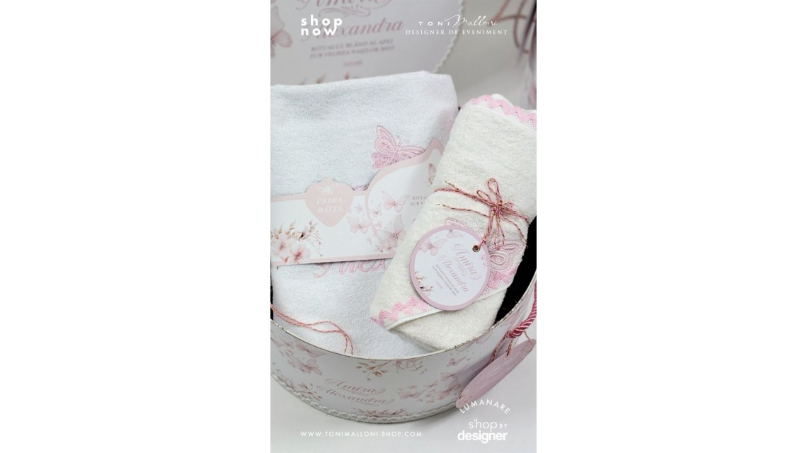 Set prima băiță cu nasii dupa botez cu fluturi roz Pink Butterfly Ritualul blând al apei pentru fetițe 7